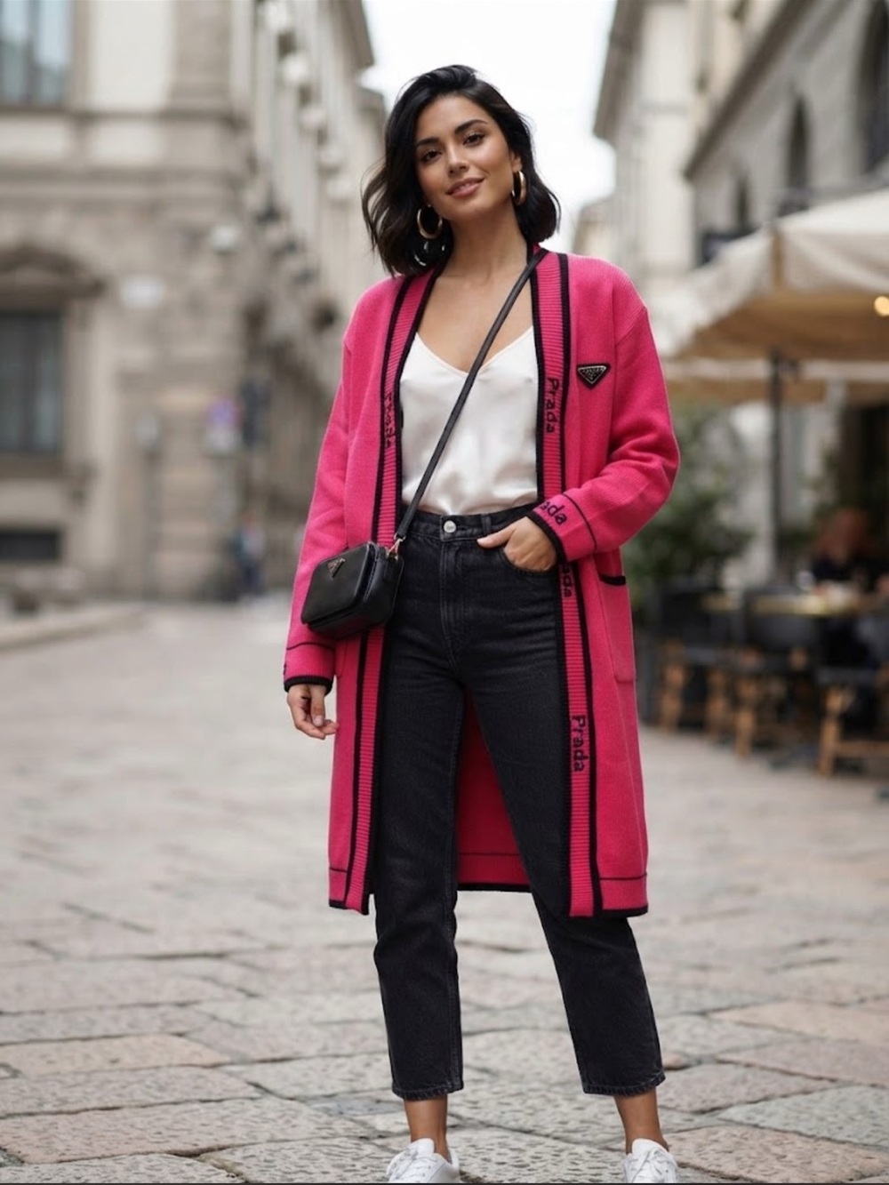 Prada Pink Long Cardigan with Black Trim